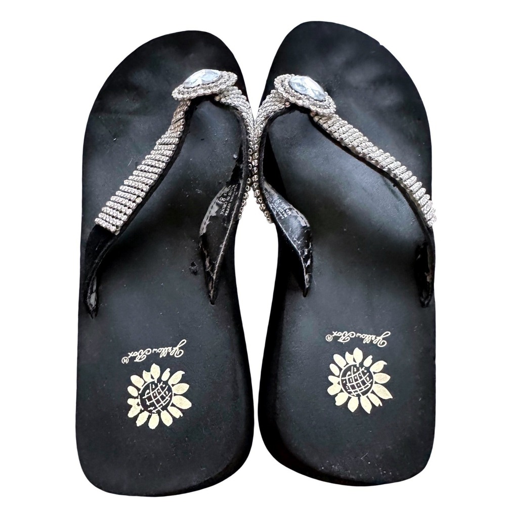 Yellow Box Rhinestone Heart Platform Flip Flops Y2K Bling Sandals Black Size 8.5 - Picture 10 of 11